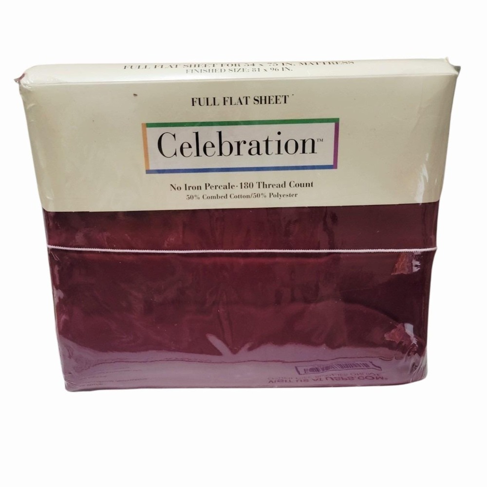 Vintage Celebration Full Flat Sheet Burgundy No Iron Percale NOS 81x96 Cotton